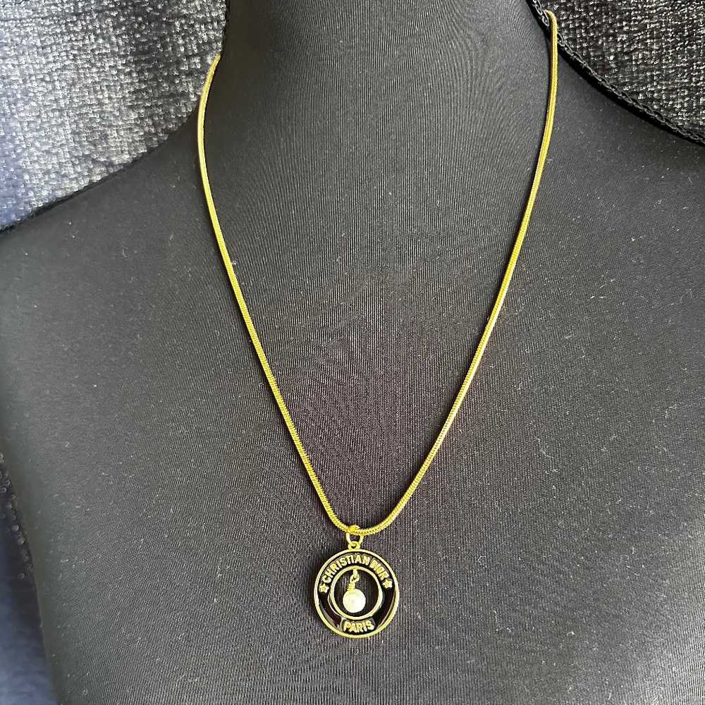 Christian Dior Gold Chain w Gold, Black Lacquer, and Pearl Circular Pendant